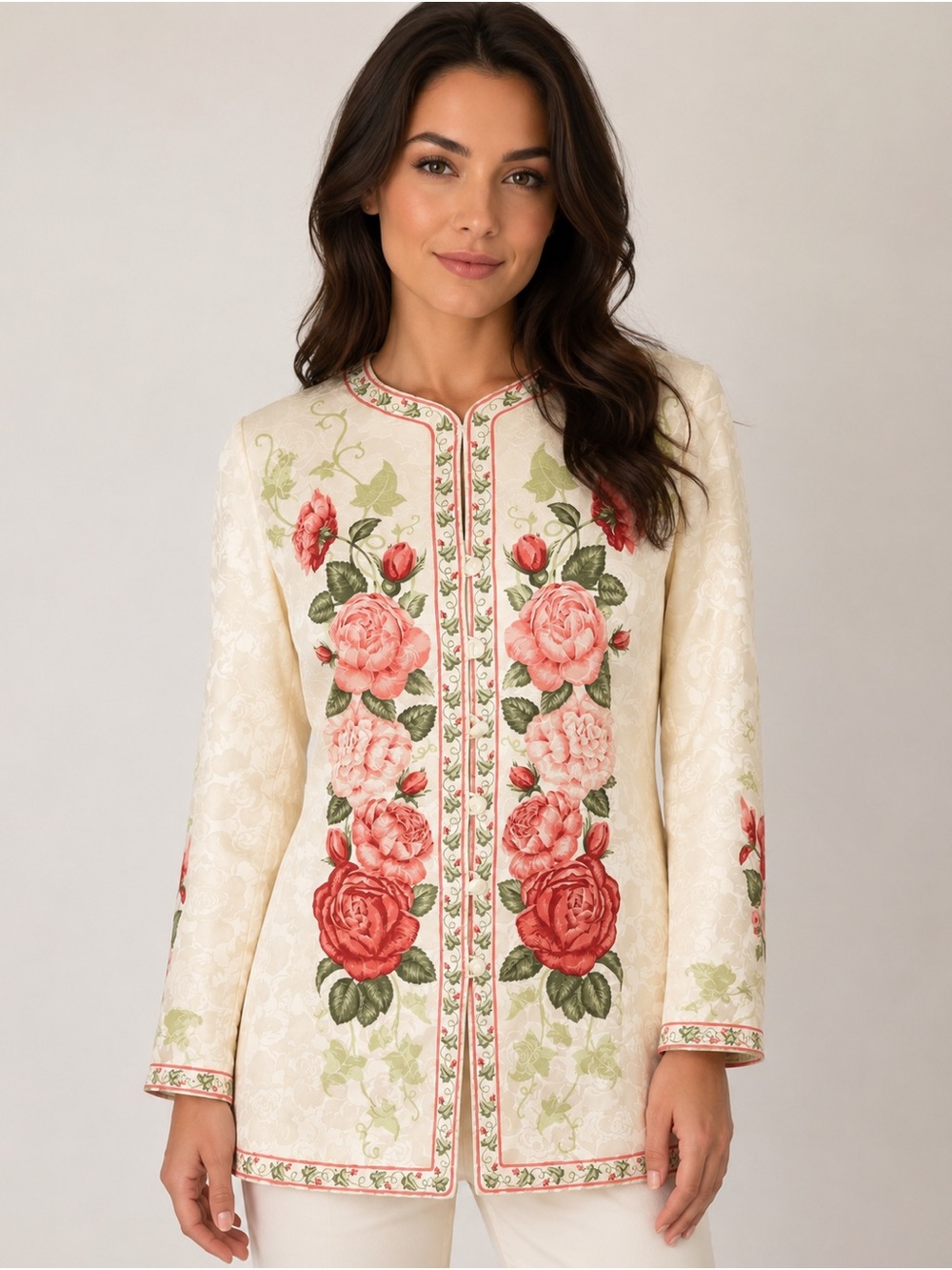 100% Silk Adrianna Papell Cream Embroidered Floral Jacket with Pink & Green